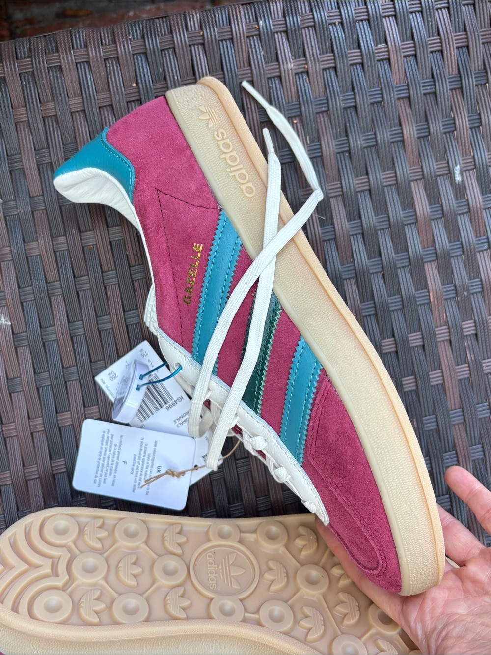 adidas Gazelle Indoor Burgundy Suede Sneakers with Teal and Dark Green Stripes - Picture 7 of 9